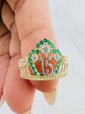 Genuine 10K solid gold “15 Años” Sweet 15 ring Green quinceañera